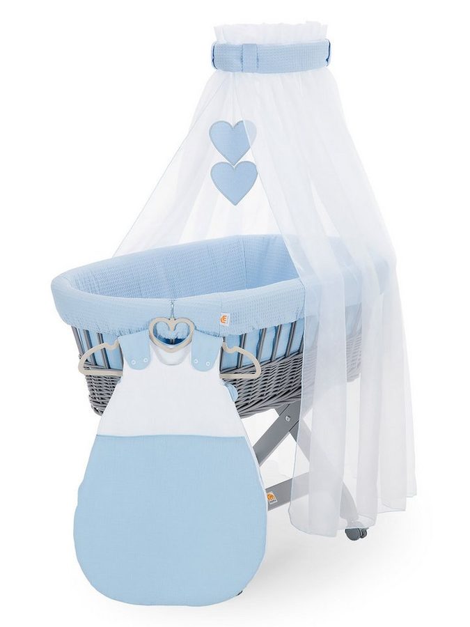 FabiMax Stubenwagen grau lackiert, Komplettset, Musselin & Waffelpiqué, Inkl. Matratze, Nestchen & Schlafsack von FabiMax