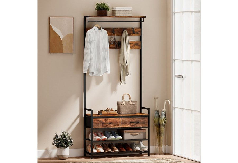 HOMCOM Garderobenständer Kleiderständer, Schuhbank, Kleiderstange, Stoff-Schublade, (Set, 1 St., 1), 5-in-1 Flurgarderobe mit Bank & Schuhregal von HOMCOM