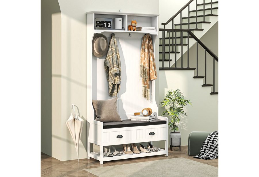 HOMCOM Garderobenständer Schuhbank und Ablagen, Jackenständer mit Schublade, (Kleidungsständer, 1 St., Garderobe), für Eingangsbereich, Flur, Schlafzimmer, Weiß+Grau von HOMCOM