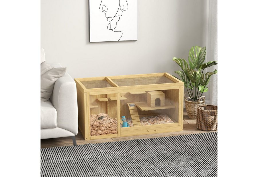 PawHut Kleintierkäfig Hamsterkäfig, Nagerkäfig mit Deckel, Futternapf & Zubehör, mit Schaukeln, Leitern, zu öffnendes Dach, Hütte, Natur von PawHut