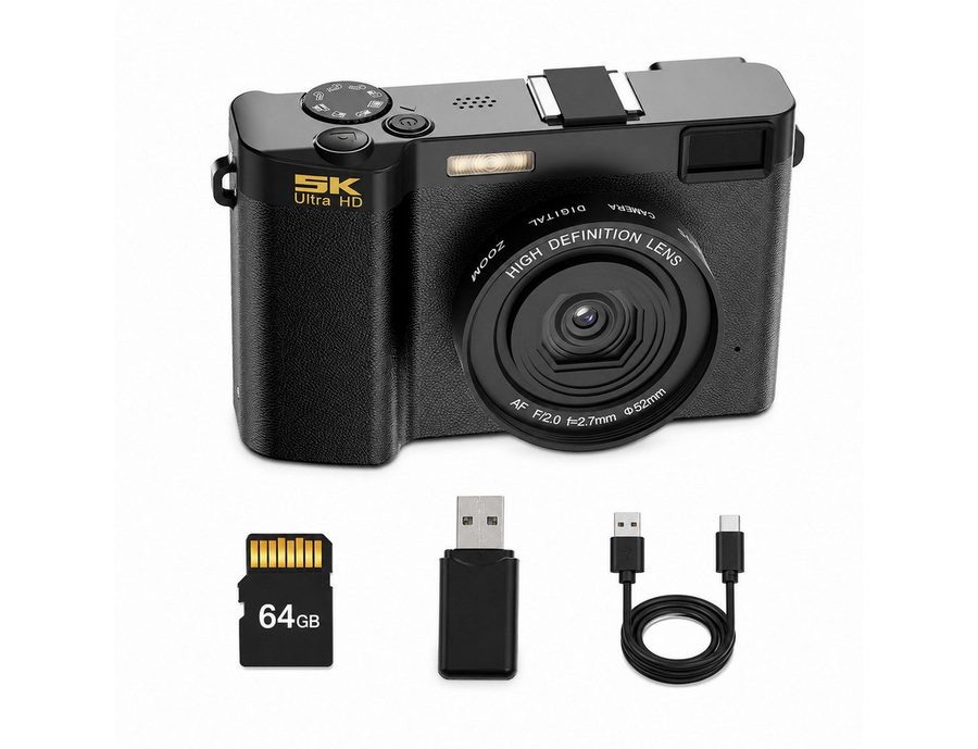 Lisabonde Digitalkamera 5K 64MP, Vlogging Kamera, inkl. 64GB Micro-SD, Schwarz Kompaktkamera (Hinteres Hauptobjektiv, Vorderes Selfie-Objektiv, 64 MP, 1x opt. Zoom, WLAN (WiFi), inkl. Inklusive 64GB Micro-SD-Karte, USB-C Kabel und Kartenleser, WiFi-Konnektivität mit App-Steuerung) von Lisabonde