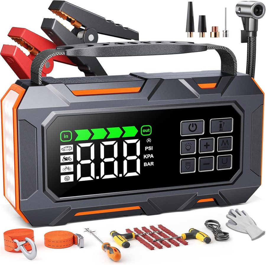 Buture 14-In-1 7000A Starthilfe Powerbank fürs Auto 26800mAh Starthilfegerät, 5 LED-Licht, Reifenreparaturset, Notfallhammer von Buture