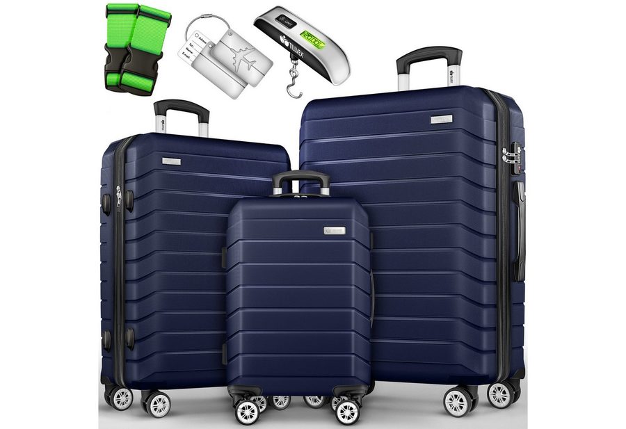 tillvex Trolleyset tillvex® Reisekoffer Set Koffer Hartschale Trolley Kofferset Tasche, (TSA Schloss Rollkoffer S-M-L-XL, 3 tlg., 4 Rollen Trolley Gepäck Koffer), Reisekoffer Set 3-TLG. + Gepäckwaage, 6X Gurte & 3X Anhänger Kofferset von tillvex