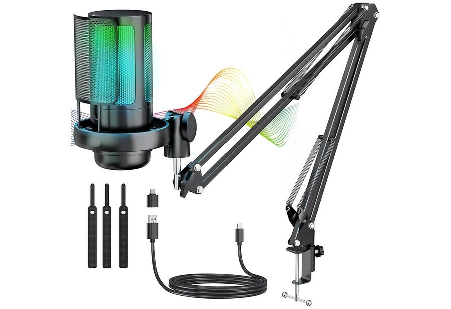 AKKEE Mikrofon Gaming RGB, Streaming, mit Arm USB Microphone mit Kopfhöreranschluss, Stummschalttaste, Popfilter, Für Streaming Podcast Studio von AKKEE