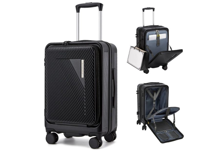 Super Solu Handgepäck-Trolley Hartschalenkoffer 55cm PC erweiterbar mit Frontöffnung & Laptopfach, 4 Rollen, Reisekoffer mit TSA-Schloss & 4 x 360° Doppelrollen, Schwarz von Super Solu